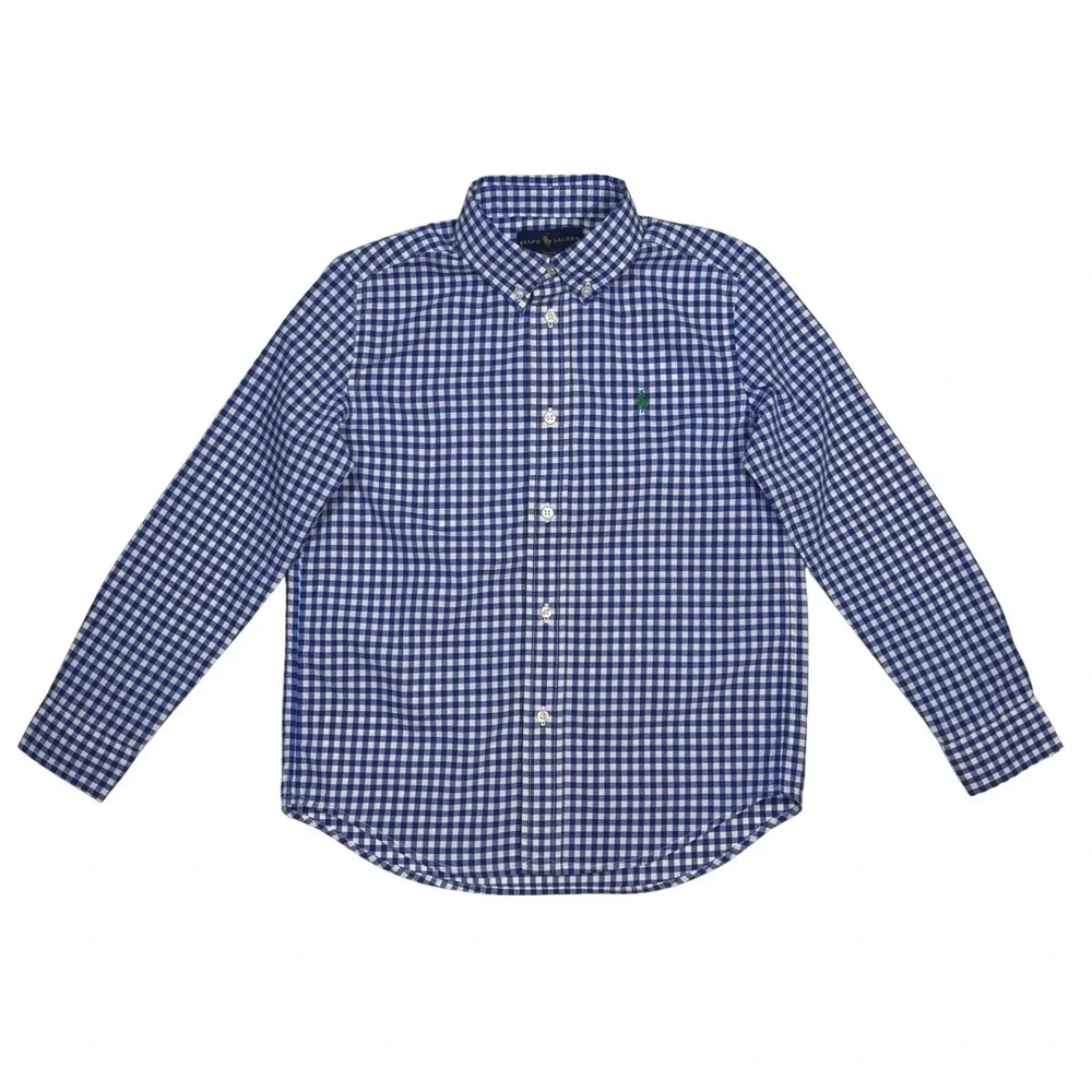 Ralph Lauren Boys Blue White Gingham Button Down Shirt Size‎ 7 Long Sleeves Pony